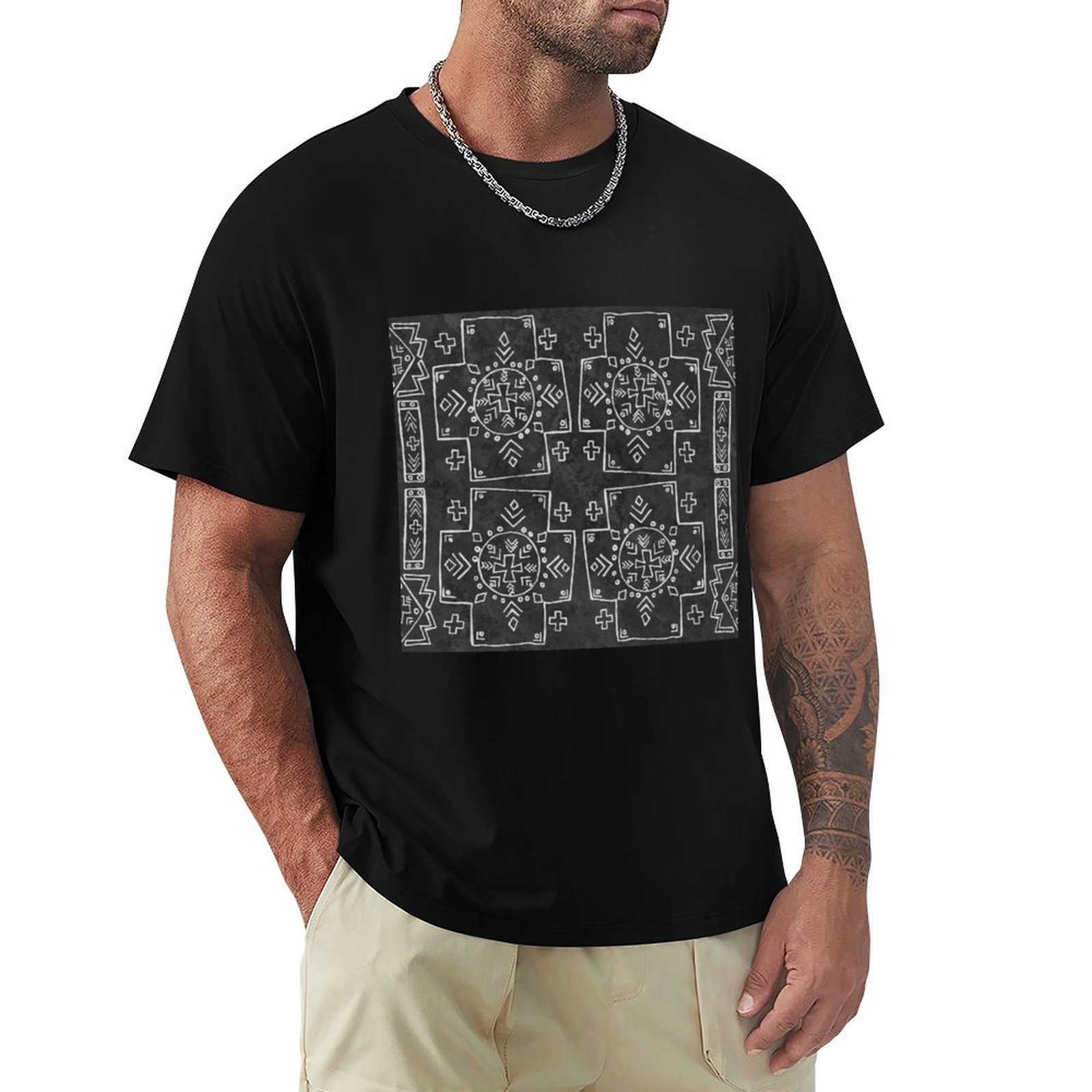 Mudcloth Print Top - T-shirt noir à manches courtes, motif