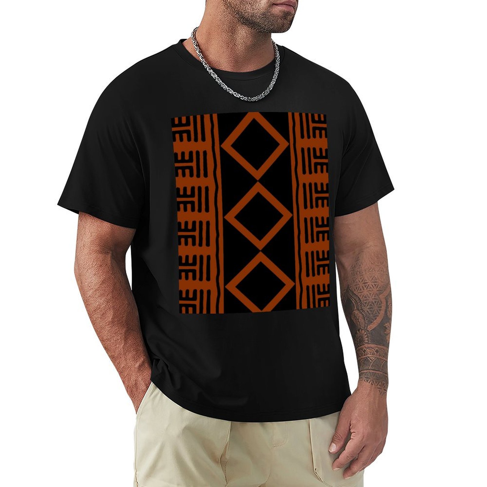 Mudcloth Print Top - T-shirt en tissu africain couleur rouille,
