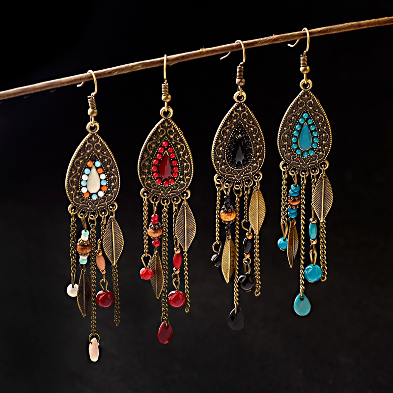 Ethnic Indian Fashion - TopHanqi-Boucles d'oreilles goutte d'eau en bronze
